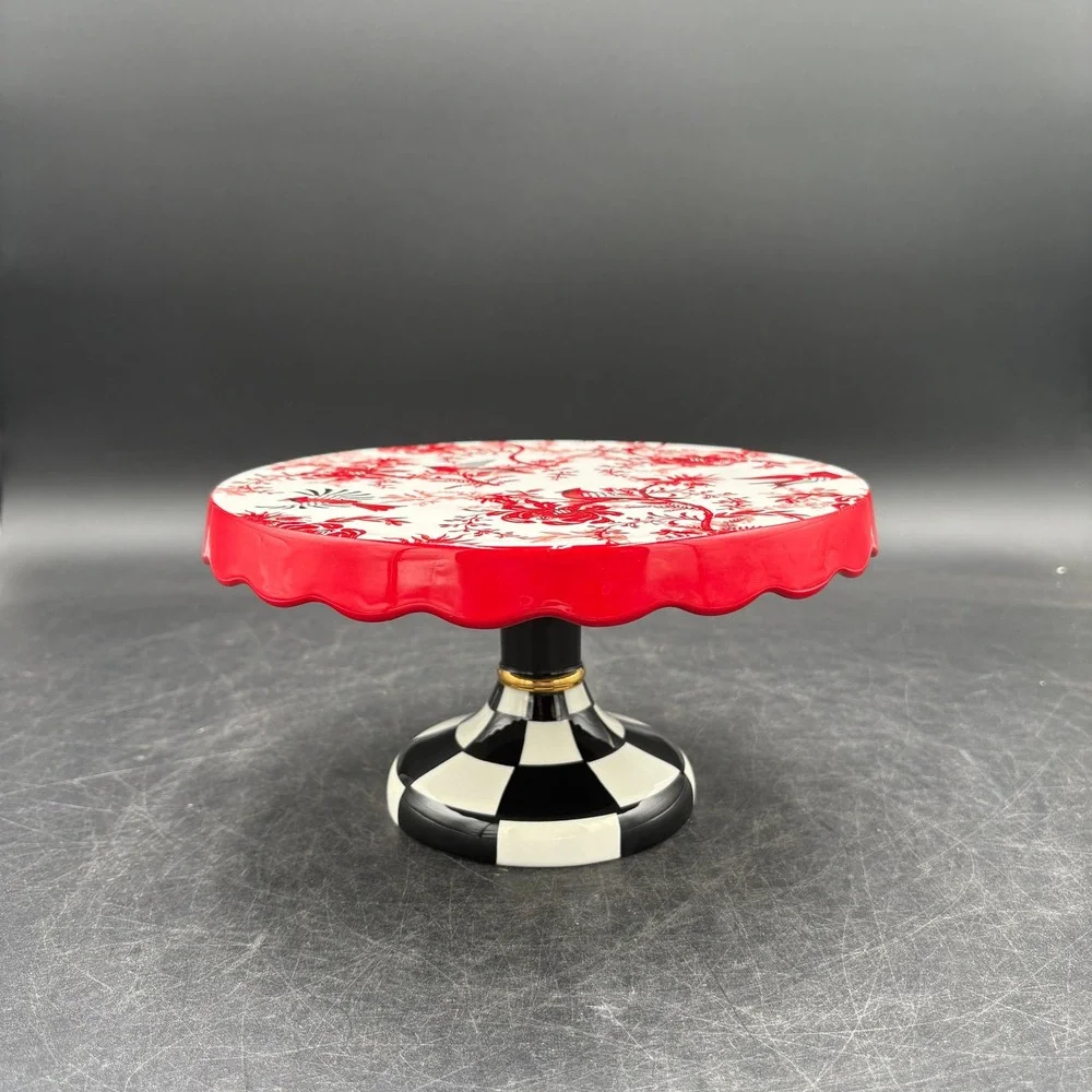 MacKenzie-Childs Cardinal Floral Cake Stand Courtly Check Base Red White Black